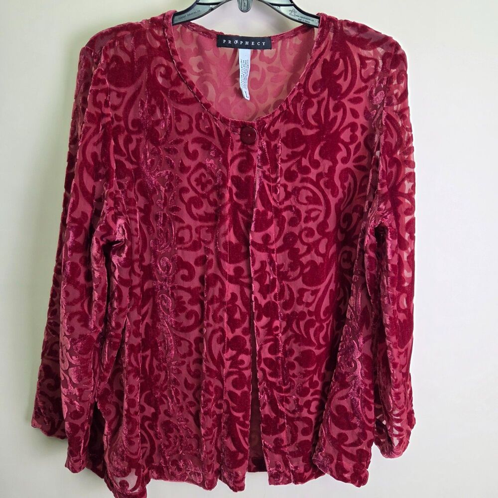 Burnout Velvet Mesh Cardigan Top Burgundy Large